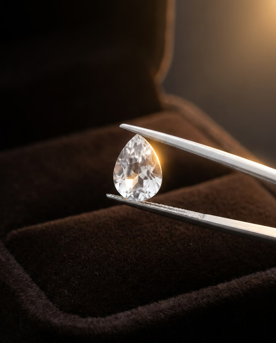 Single colourless pet ash-crystal (骨灰晶石) held in fine tweezers — pet cremation keepsake crystal by Kar Fook Goldsmiths