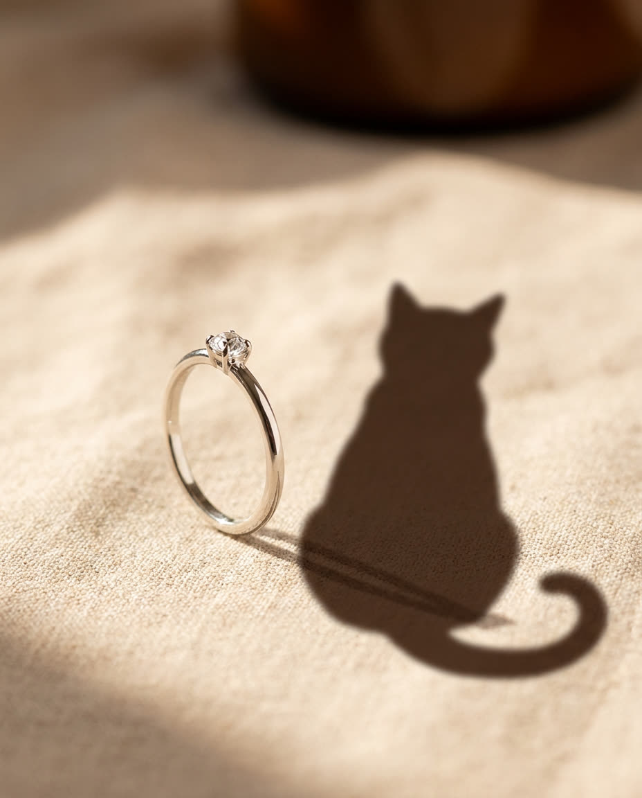 Gold memorial ring set with a pet ash-crystal (骨灰晶石) keepsake resting in warm light — Kar Fook Goldsmiths Malaysia