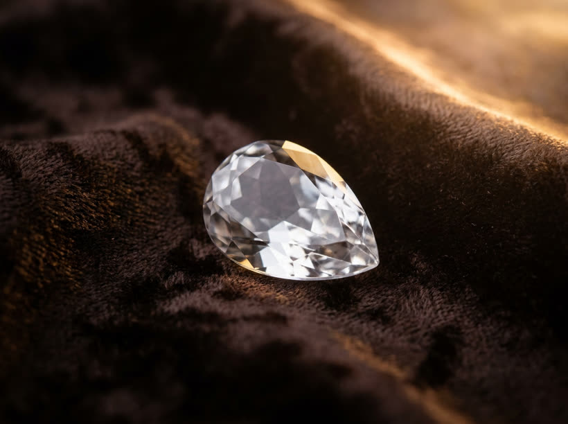 Finished ash-crystal (骨灰晶石), clear and light-carrying — jewellery-grade pet memorial crystal