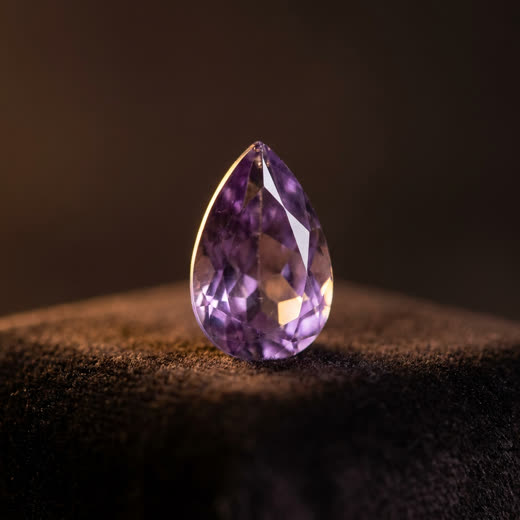 Purple-tinted ash-crystal, faceted pear cut